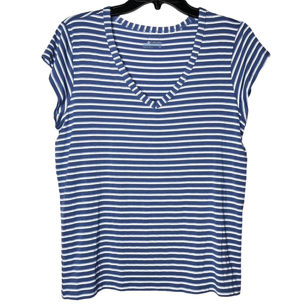 NEW Columbia Size Small T Shirt Womens Striped V Neck Blue White